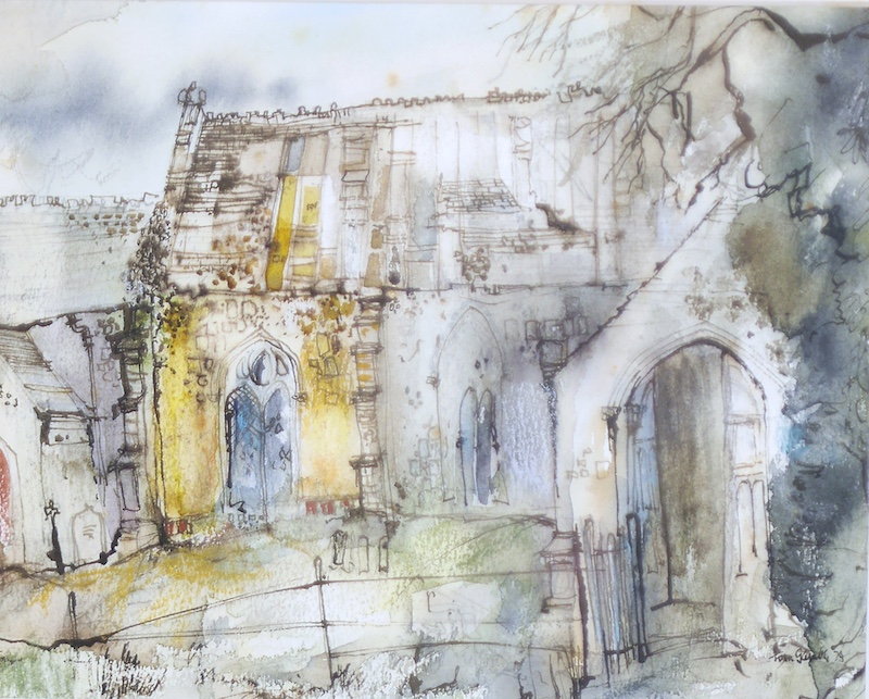 Tom Gamble (1924-2020), ink and watercolour, ‘Papworth Church, Cambridgeshire’, signed and dated '74, 17 x 21cm. Condition - fair